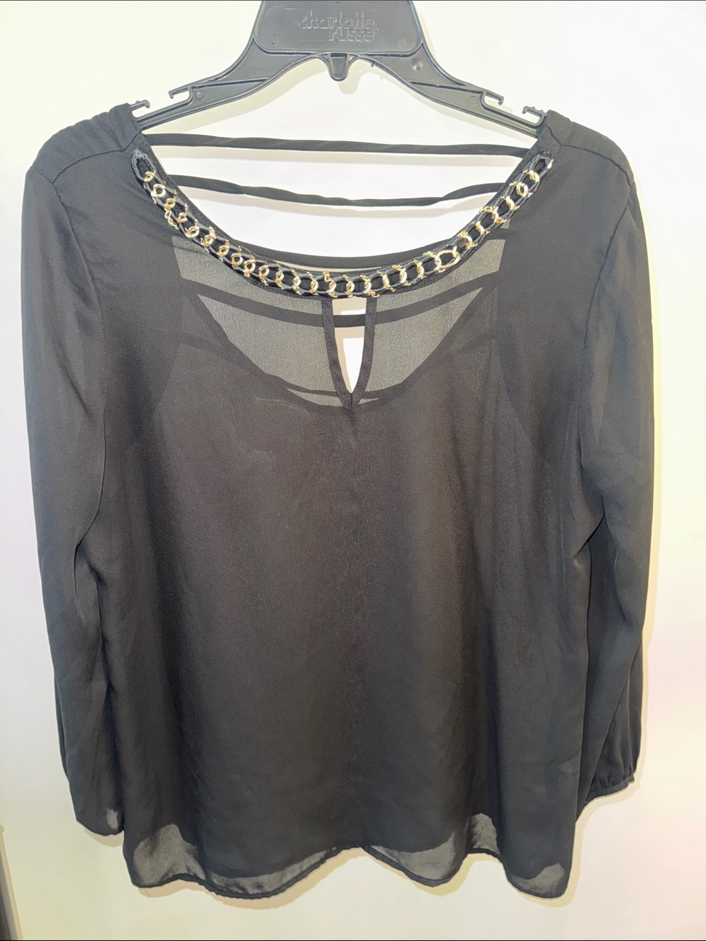 Black Chain-Trim Sheer Long-Sleeve Top - Women
